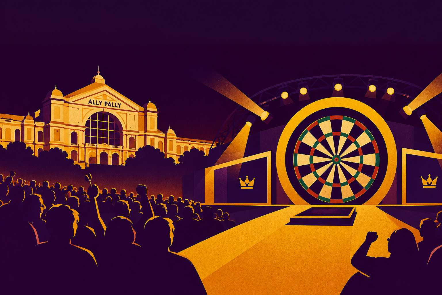 Fantasy darts game banner: the Alexandra Palace stage under spotlights with a dartboard and a packed crowd