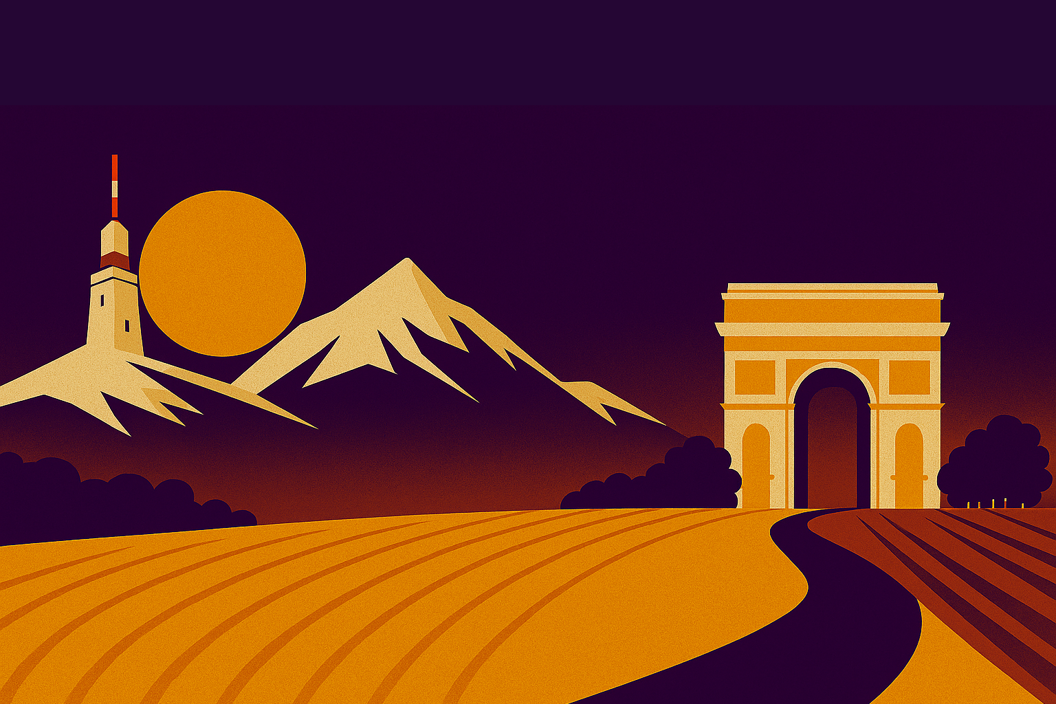 Fantasy Tour de France cycling game banner with mountains and Paris landmarks