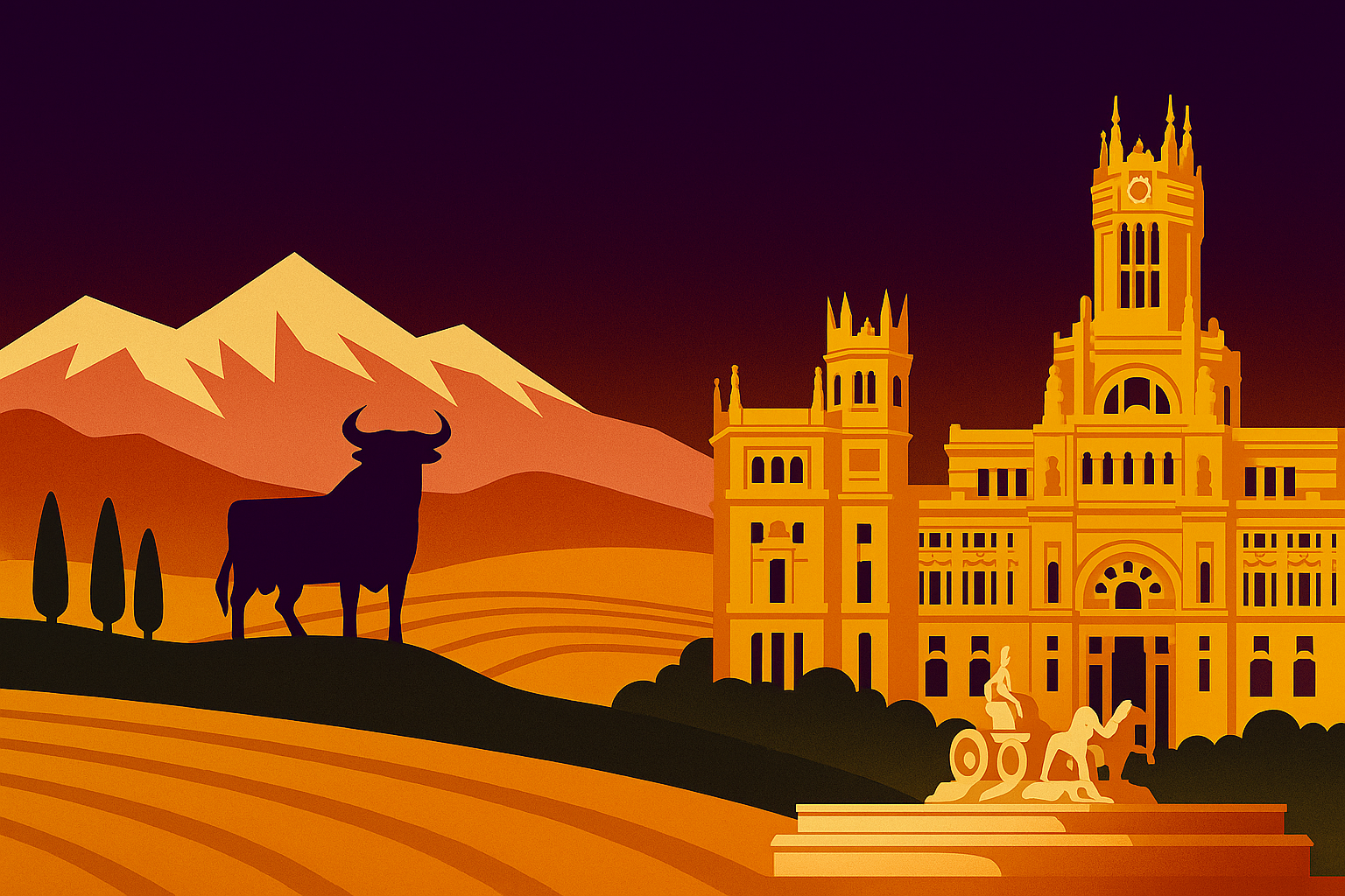 Fantasy Vuelta cycling game banner with mountains and Madrid landmarks